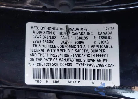 2017 Honda Civic Lx from USA, damaged, VIN 2HGFC2F5XHH507433